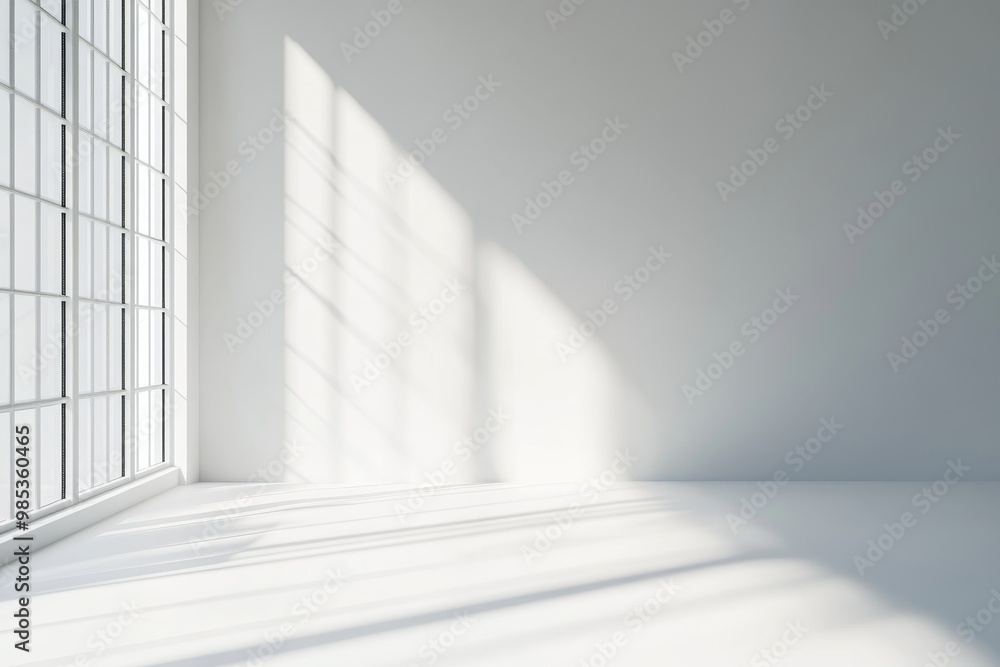 Empty white room with sunlight streaming through a large window, casting long shadows across the floor. Empty white room with sunlight streaming through a large window, casting long shadows across the floor.