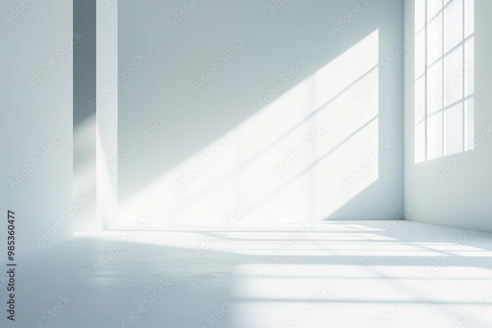 Fototapeta premium Minimalist white room interior with window and sunlight.