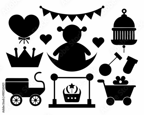 Baby Shower set  silhouette  vector,Baby, Crib, Dummy beat, Baby Bootle, Baby Carriage Icons,Baby vector,baby silhouette set