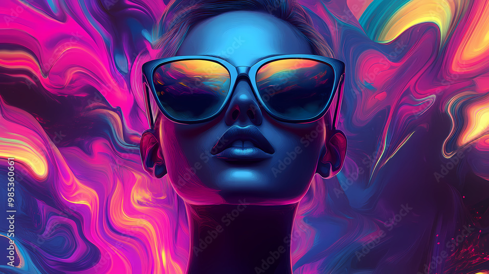 A beautiful high fashion lady with cool sunglasses in front of a crazy multicolored abstract background, generative ai. High Fashion. Illustration A beautiful high fashion lady with cool sunglasses in front of a crazy multicolored abstract background, generative ai. High Fashion. Illustration