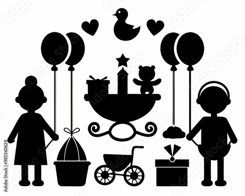 Baby Shower set  silhouette  vector,Baby, Crib, Dummy beat, Baby Bootle, Baby Carriage Icons,Baby vector,baby silhouette set