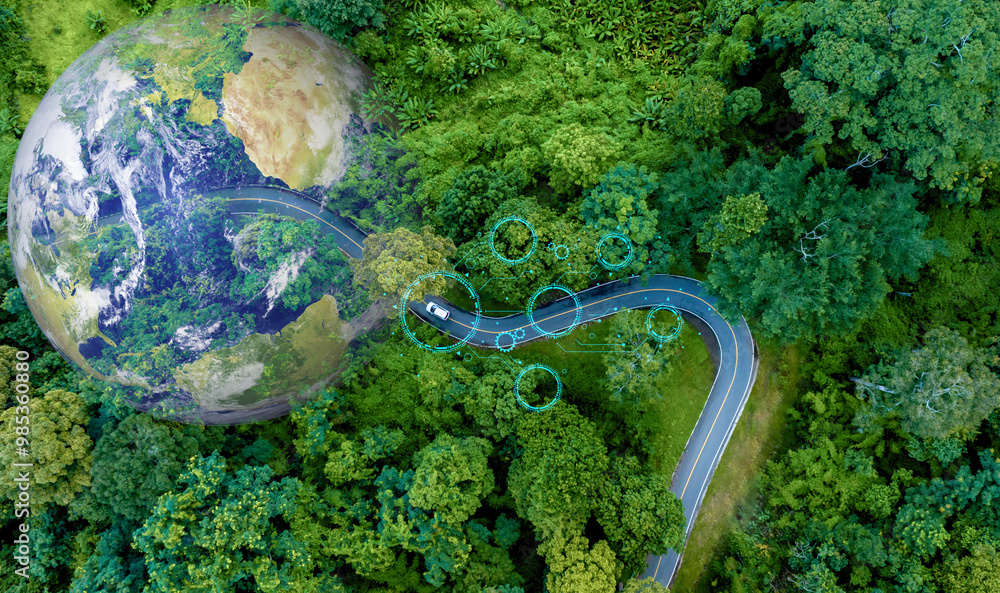 Electric car and EV electrical energy for environment, EV car on forest road with earth planet going through forest, Ecosystem ecology healthy environment, Electric car with nature, Save earth energy. Electric car and EV electrical energy for environment, EV car on forest road with earth planet going through forest, Ecosystem ecology healthy environment, Electric car with nature, Save earth energy.