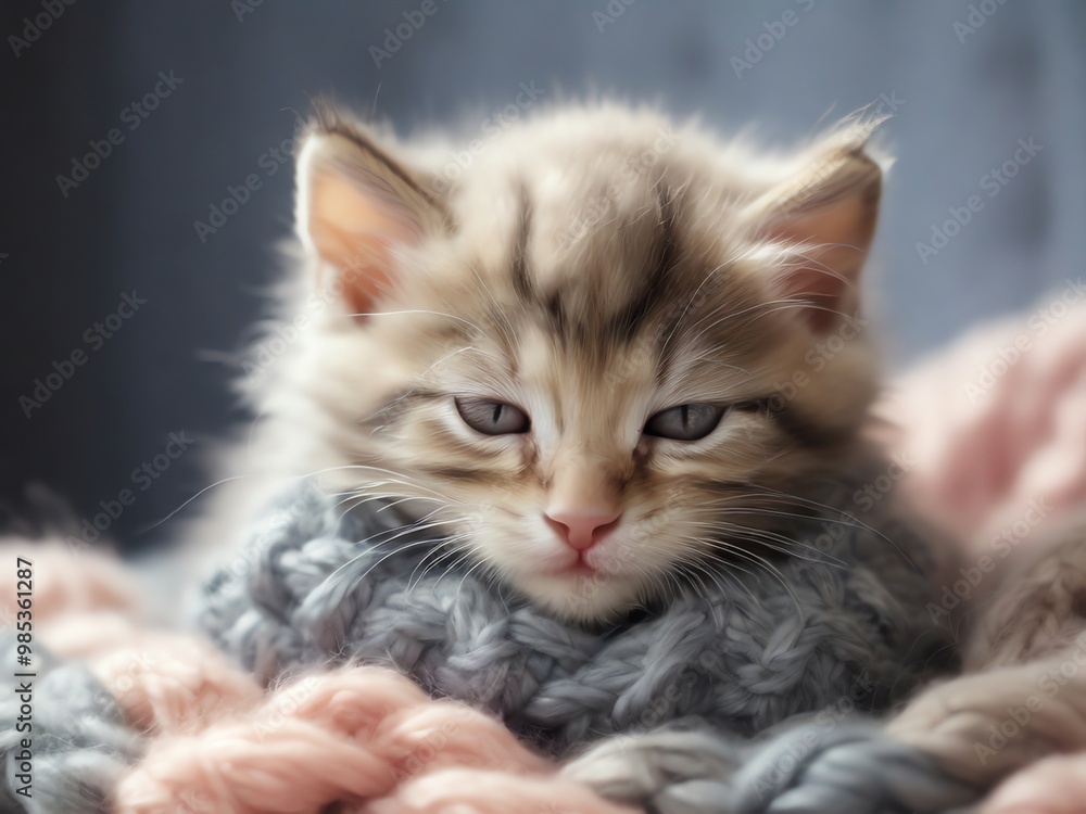 a kitten with a fluffy collar is laying on a pink knitted blanket. a kitten with a fluffy collar is laying on a pink knitted blanket.