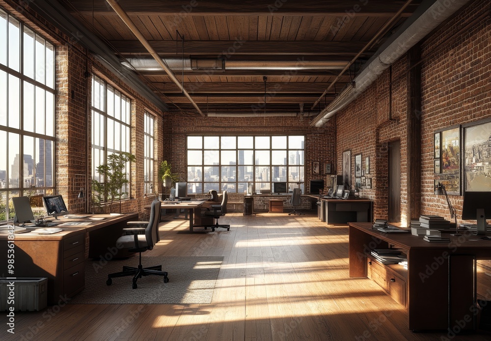 A modern office space with a city view. The office is furnished with wooden desks, chairs, and a rug. There is natural light coming in from the windows. A modern office space with a city view. The office is furnished with wooden desks, chairs, and a rug. There is natural light coming in from the windows.