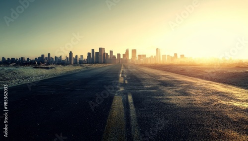A long, empty road leads towards a city skyline at sunset.