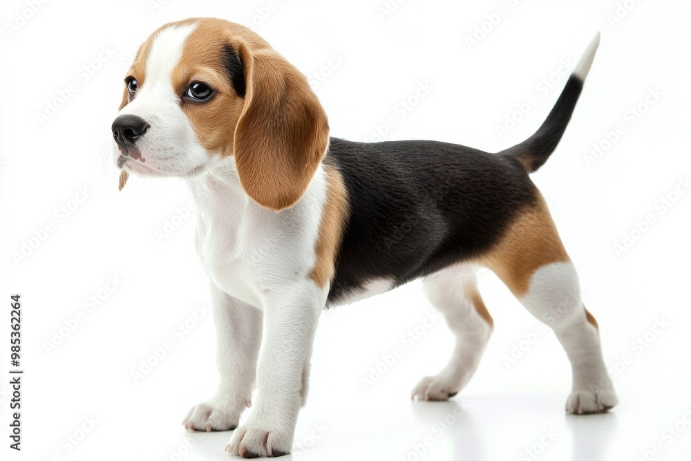 Cute puppy of beagle breed standing on a white backdrop, isolate, Cute puppy of beagle breed standing on a white backdrop, isolate,