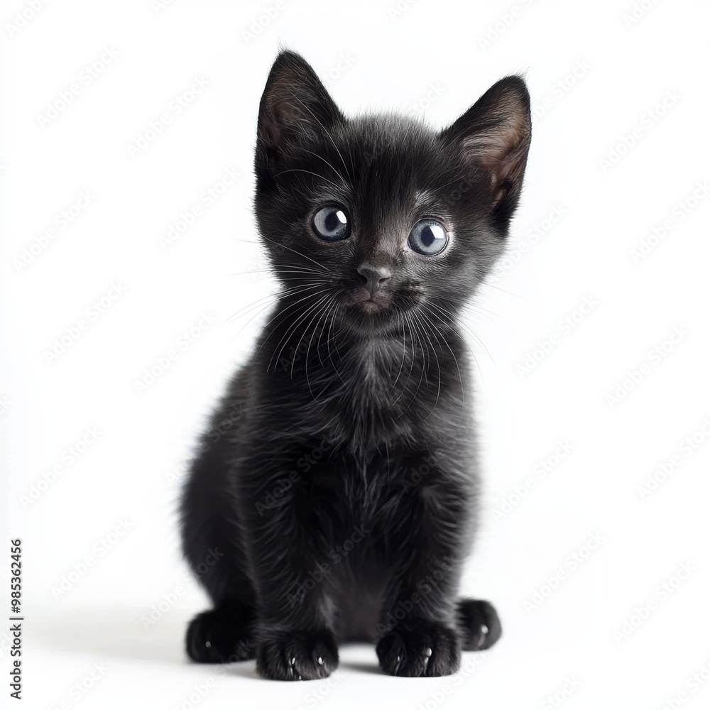 Obraz premium Cute black kitten sitting on white background, isolate,