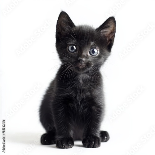 Cute black kitten sitting on white background, isolate,