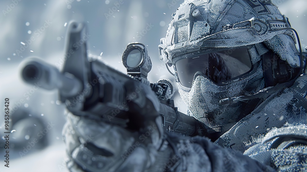 Fototapeta premium Frozen Soldier: A Close-Up of a Military Combatant in the Snow