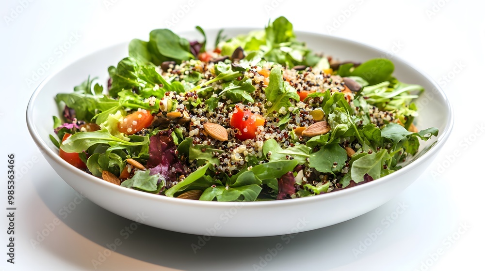 Salad bowl with mixed greens, quinoa, and roasted seeds on a white plate Salad bowl with mixed greens, quinoa, and roasted seeds on a white plate