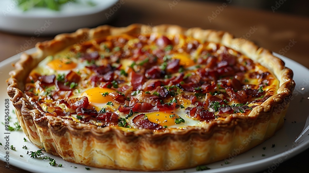 French quiche Lorraine with a golden crust filled with eggs bacon and cheese served warm on a white plate French quiche Lorraine with a golden crust filled with eggs bacon and cheese served warm on a white plate