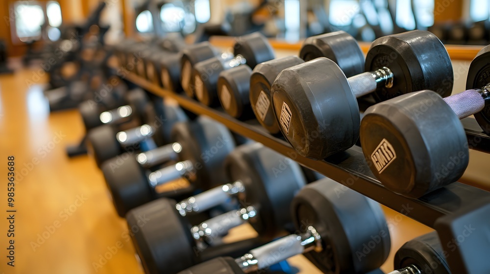 Set of dumbbells arranged by weight on a rack in a fitness studio Set of dumbbells arranged by weight on a rack in a fitness studio