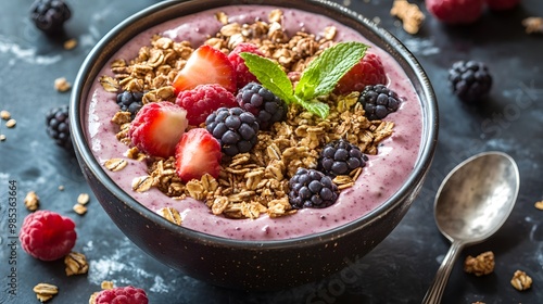 Healthy smoothie bowl with granola and fresh berries on top