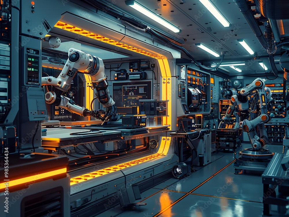 Futuristic lab with sleek glowing machinery robotic arms working on complex tasks and scientists in hightech gear Futuristic lab with sleek glowing machinery robotic arms working on complex tasks and scientists in hightech gear