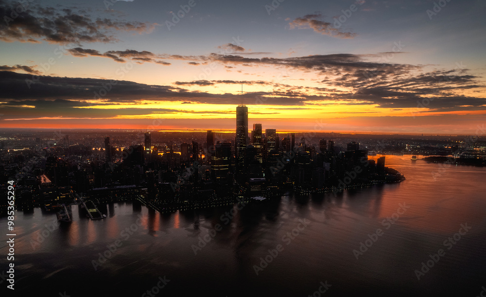 Aerial photography of Manhattan at night in New York City, USA Aerial photography of Manhattan at night in New York City, USA