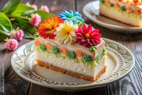 Wallpaper Mural Exquisite cake lies on a fine plate, adorned with delicate frosting and vibrant garnishes, awaiting the pleasure of Torontodigital.ca