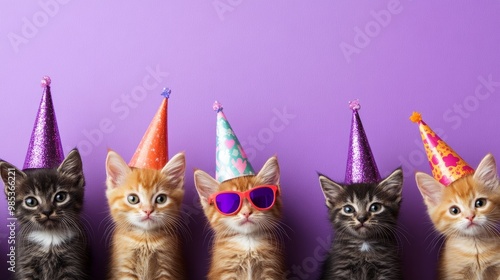 A group of kittens wearing mismatched, funky party hats and bright costumes on a bold purple background with space for copy