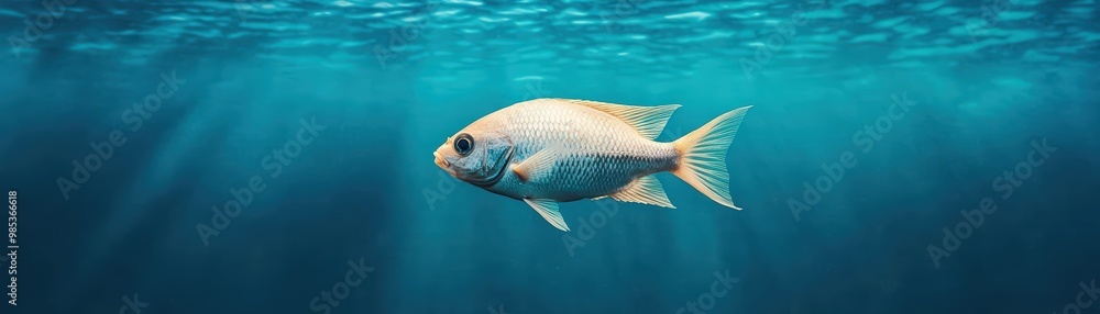 A lone fish swimming near an underwater solar farm, with murky, polluted water surrounding the structure, highlighting the impact of human development on marine life A lone fish swimming near an underwater solar farm, with murky, polluted water surrounding the structure, highlighting the impact of human development on marine life