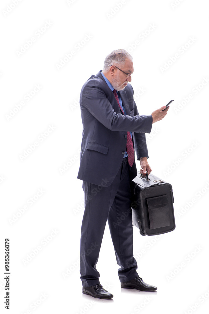Old businessman with suitcase isolated on white Old businessman with suitcase isolated on white