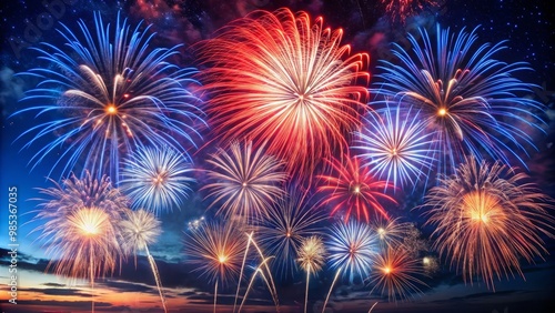 Fiery bursts explode in the nighttime air, a kaleidoscope of red, white, and blue hues painting the sky