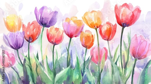 Watercolor Painting of Colorful Tulips in Bloom