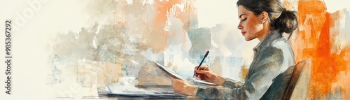 Panel kuchenny z motywem Woman Writing in a Notebook  Watercolor Illustration