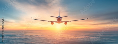 Airplane flying over clouds at sunset. photo