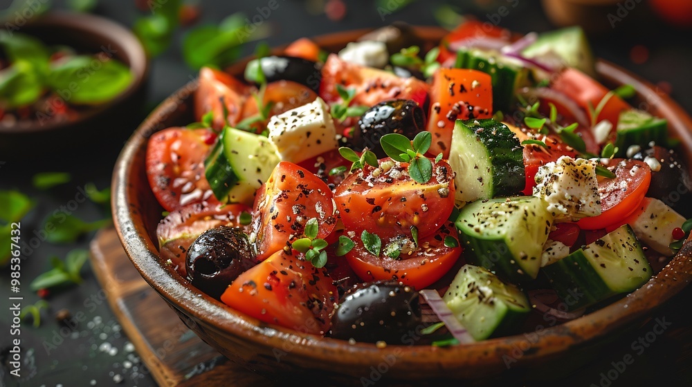 Greek salad with juicy tomatoes cucumbers olives and feta cheese drizzled with olive oil and oregano Greek salad with juicy tomatoes cucumbers olives and feta cheese drizzled with olive oil and oregano