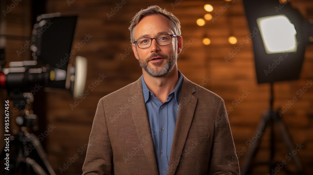 A well-dressed man speaks in a studio setting, with cameras and warm lights in the background, creating a professional and inviting atmosphere. A well-dressed man speaks in a studio setting, with cameras and warm lights in the background, creating a professional and inviting atmosphere.