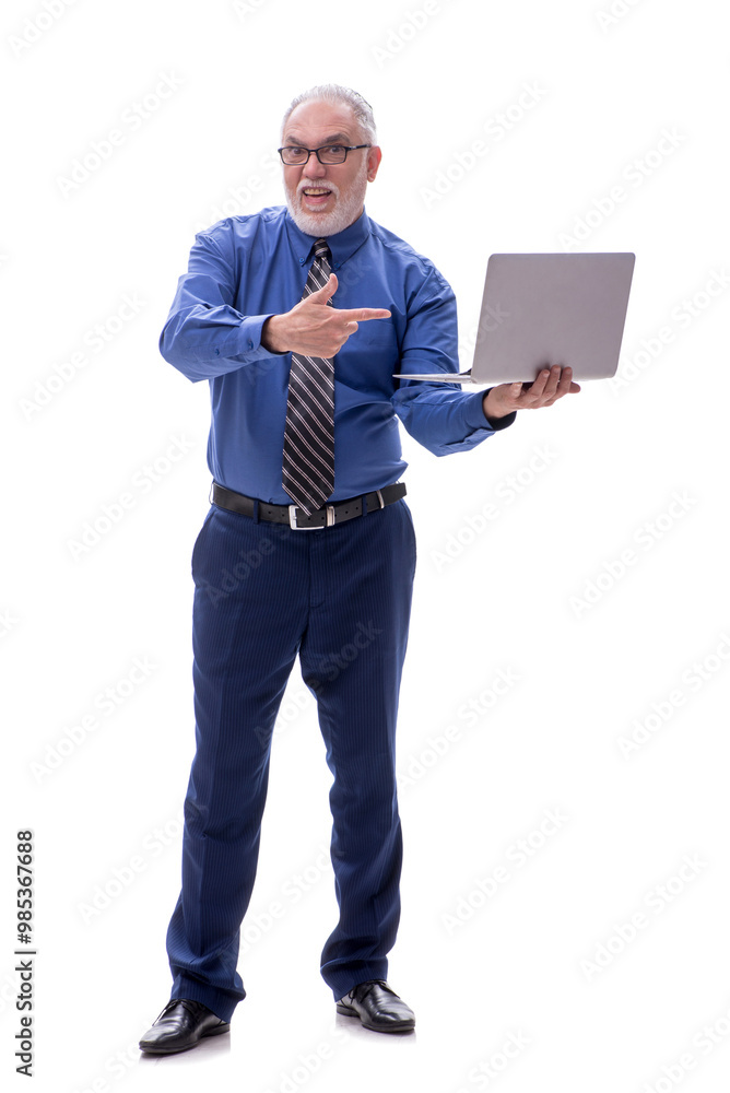 Old businessman holding laptop isolated on white Old businessman holding laptop isolated on white