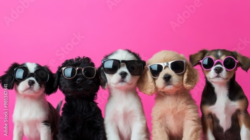 Group of puppies in stylish sunglasses, posing against a bright pink backdrop, perfect for editorial or advertising use with space for copy.