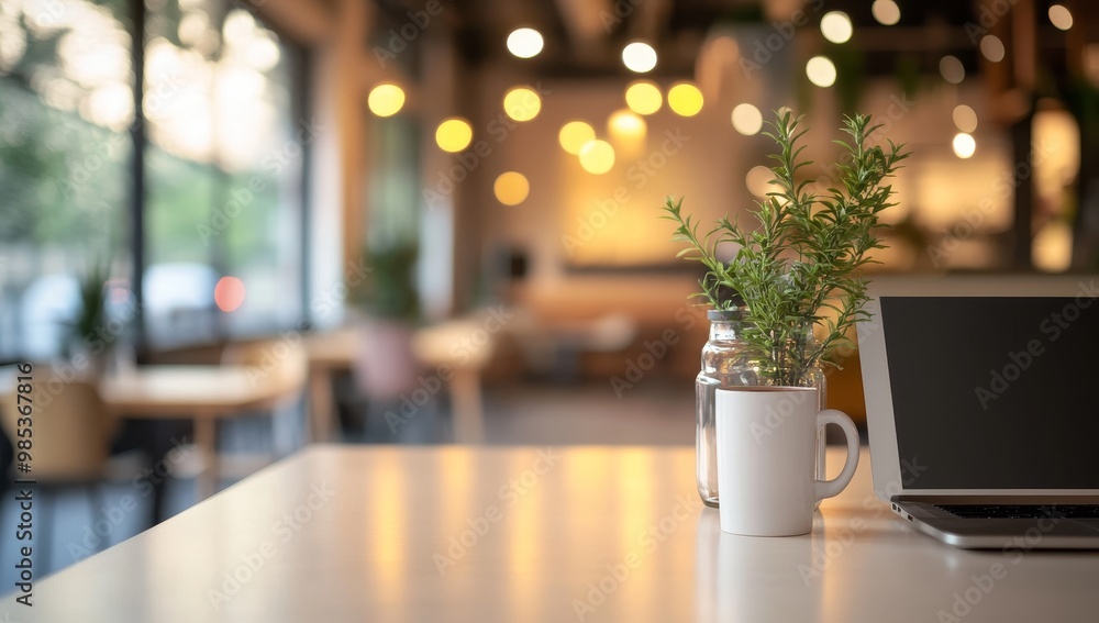 A white mug, a glass jar with greenery, and a laptop sit on a white table in a cafe setting. A white mug, a glass jar with greenery, and a laptop sit on a white table in a cafe setting.
