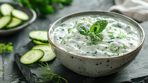 A bowl of white dip with a green herb on top