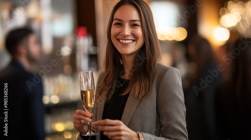 A smiling woman in a stylish outfit holds a champagne glass at a social gathering, exuding confidence and joy in a vibrant environment.