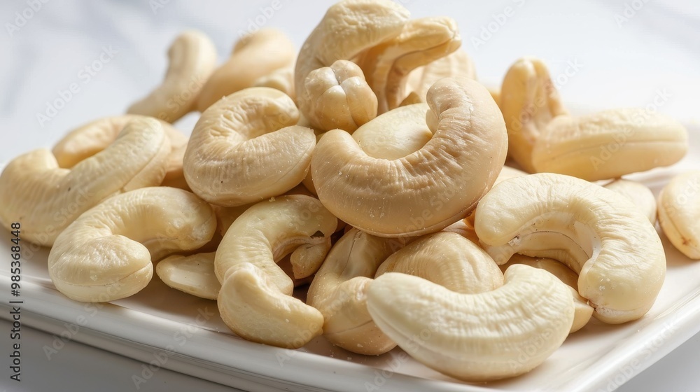 A pile of cashews on a white plate A pile of cashews on a white plate