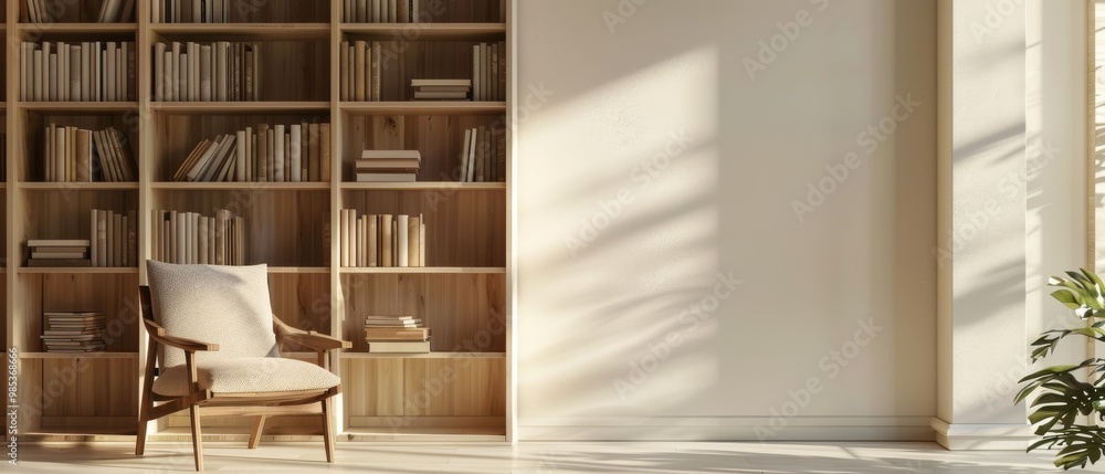 A white wall with a chair and a bookshelf in front of it