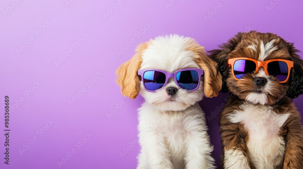Puppies in stylish sunglasses on a bold purple background, perfect for commercial or social media content with room for text Puppies in stylish sunglasses on a bold purple background, perfect for commercial or social media content with room for text