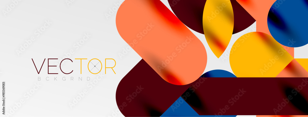 Mosaic geometric elements. Colorful circles, round geometric shapes and lines with shadow 3d effects. Simple forms abstract background for wallpaper, banner, template or landing Mosaic geometric elements. Colorful circles, round geometric shapes and lines with shadow 3d effects. Simple forms abstract background for wallpaper, banner, template or landing