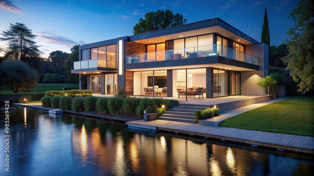 Modern house by river at night with rendering, modern, house, river, night, rendering, architecture, exterior Modern house by river at night with rendering, modern, house, river, night, rendering, architecture, exterior