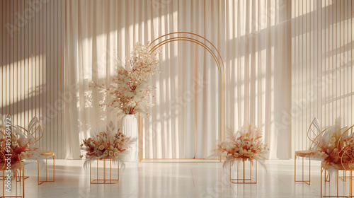 Elegant wedding ceremony arch with floral arrangements in a sunlit venue