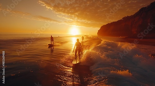 Group of surfers catching waves at sunrise with the sun just above the horizon and the ocean reflecting the golden sky