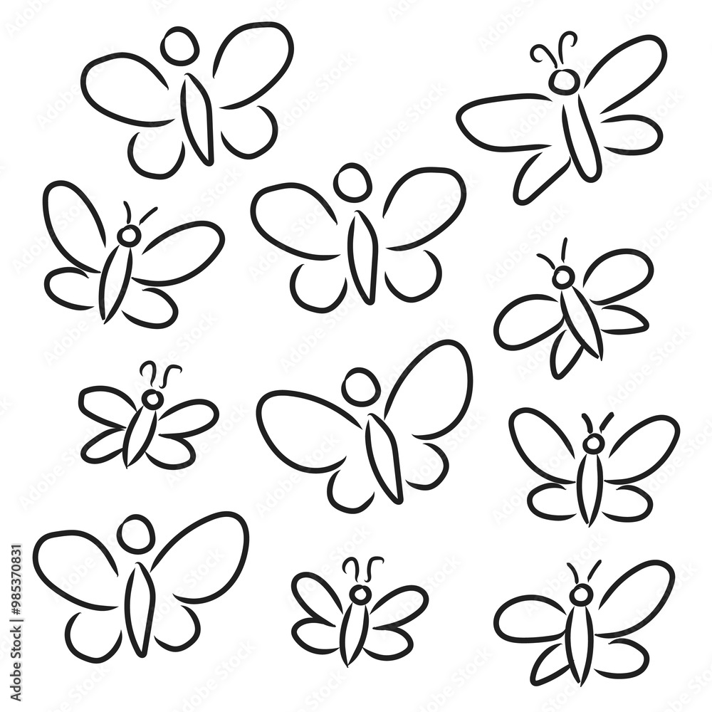 Fototapeta premium Butterfly insect icons set. Doodle sketch style. Outline set of butterfly insect icons isolated on white background. For cards, logo, decorations, invitations, web design, stickers, coloring book