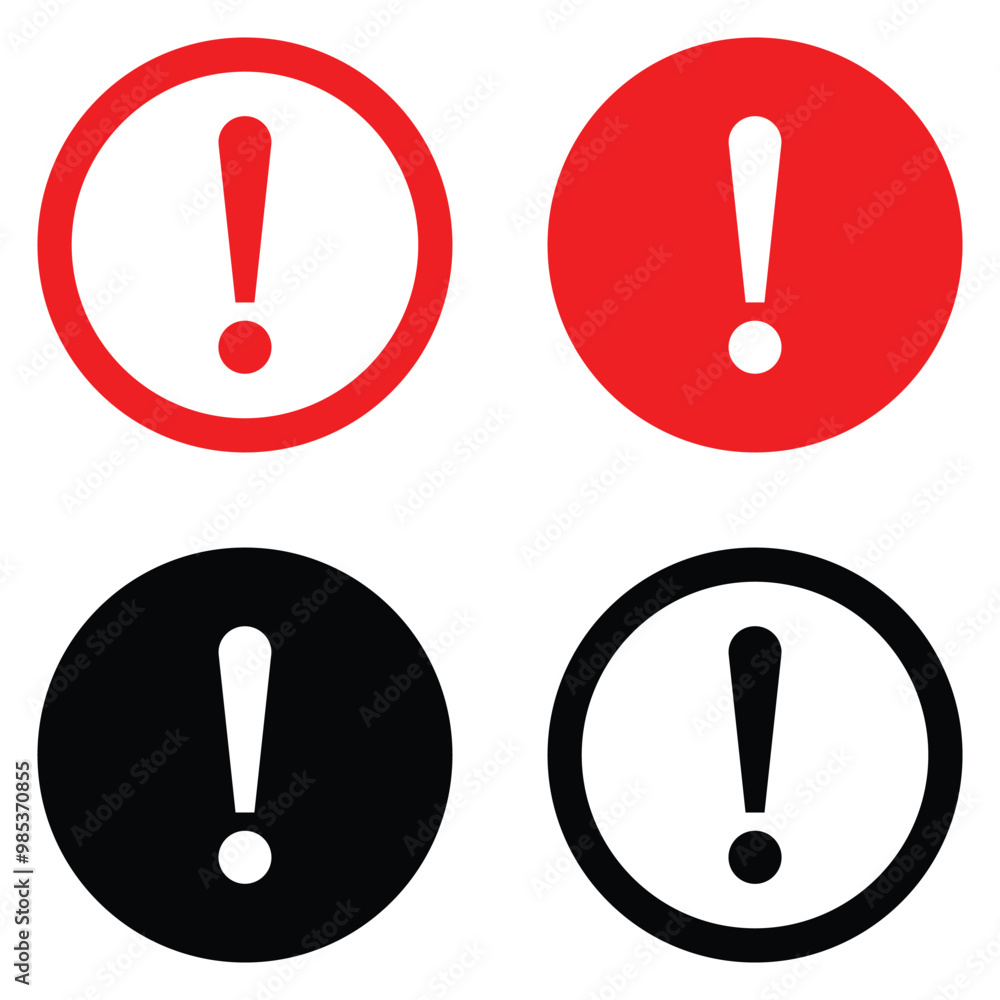 Exclamation mark vector icon set. Red and black circle warning sign. Attention, alert, danger, hazard, error symbol. Exclamation mark vector icon set. Red and black circle warning sign. Attention, alert, danger, hazard, error symbol.