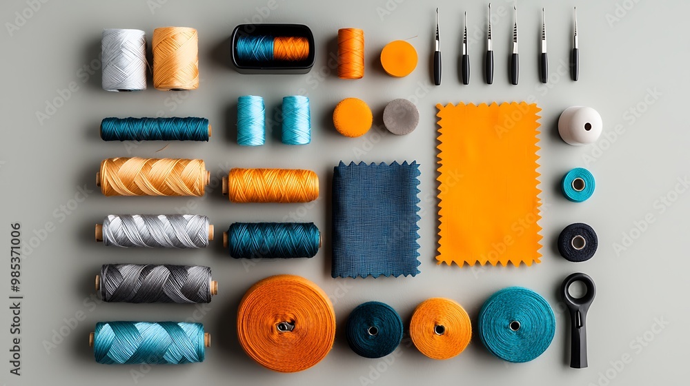 A vibrant flat lay of colorful sewing threads, fabric, and tools is a creative feast for the eyes. A vibrant flat lay of colorful sewing threads, fabric, and tools is a creative feast for the eyes.