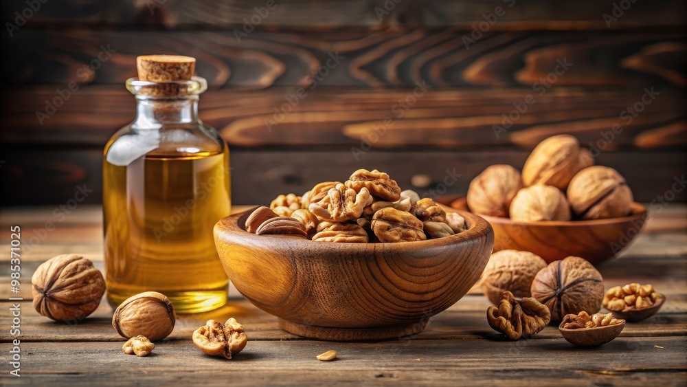 Wooden bowl of walnuts and bottle of essential nut oil on kitchen table, walnuts, nuts, bowl, wooden, bottle, essential oil, kitchen Wooden bowl of walnuts and bottle of essential nut oil on kitchen table, walnuts, nuts, bowl, wooden, bottle, essential oil, kitchen
