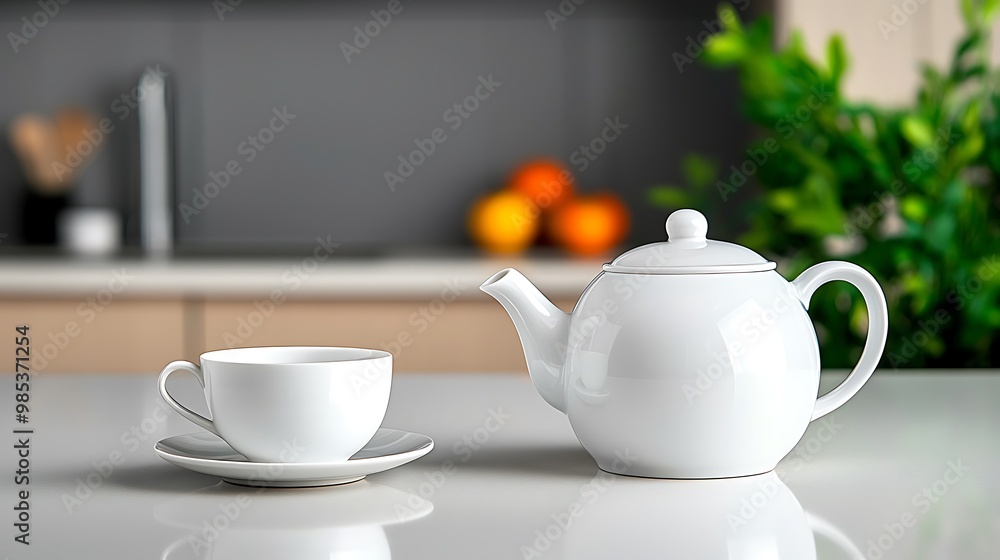 A white teapot and cup sit elegantly on a white table, the blurred kitchen background creating a cozy scene. A white teapot and cup sit elegantly on a white table, the blurred kitchen background creating a cozy scene.