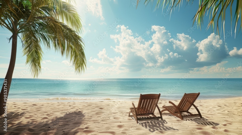 Two beach chairs are set up on the beach, facing the ocean Two beach chairs are set up on the beach, facing the ocean