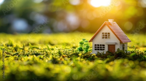 A small house is sitting in a field of grass