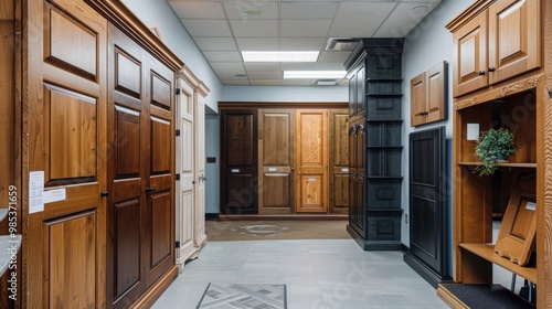 A showroom with a variety of wood doors on display