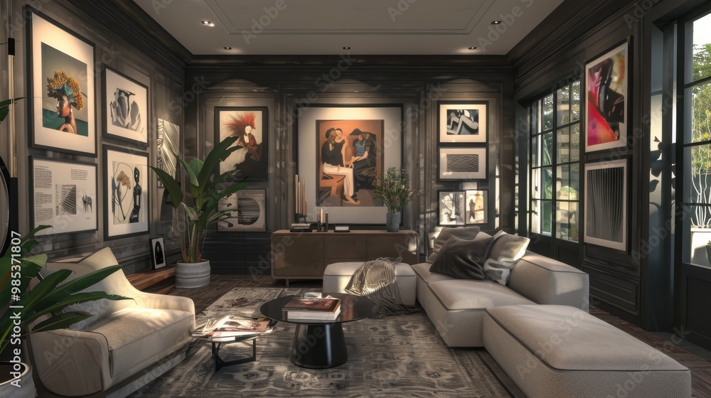 Fototapeta premium A living room with a black and white theme